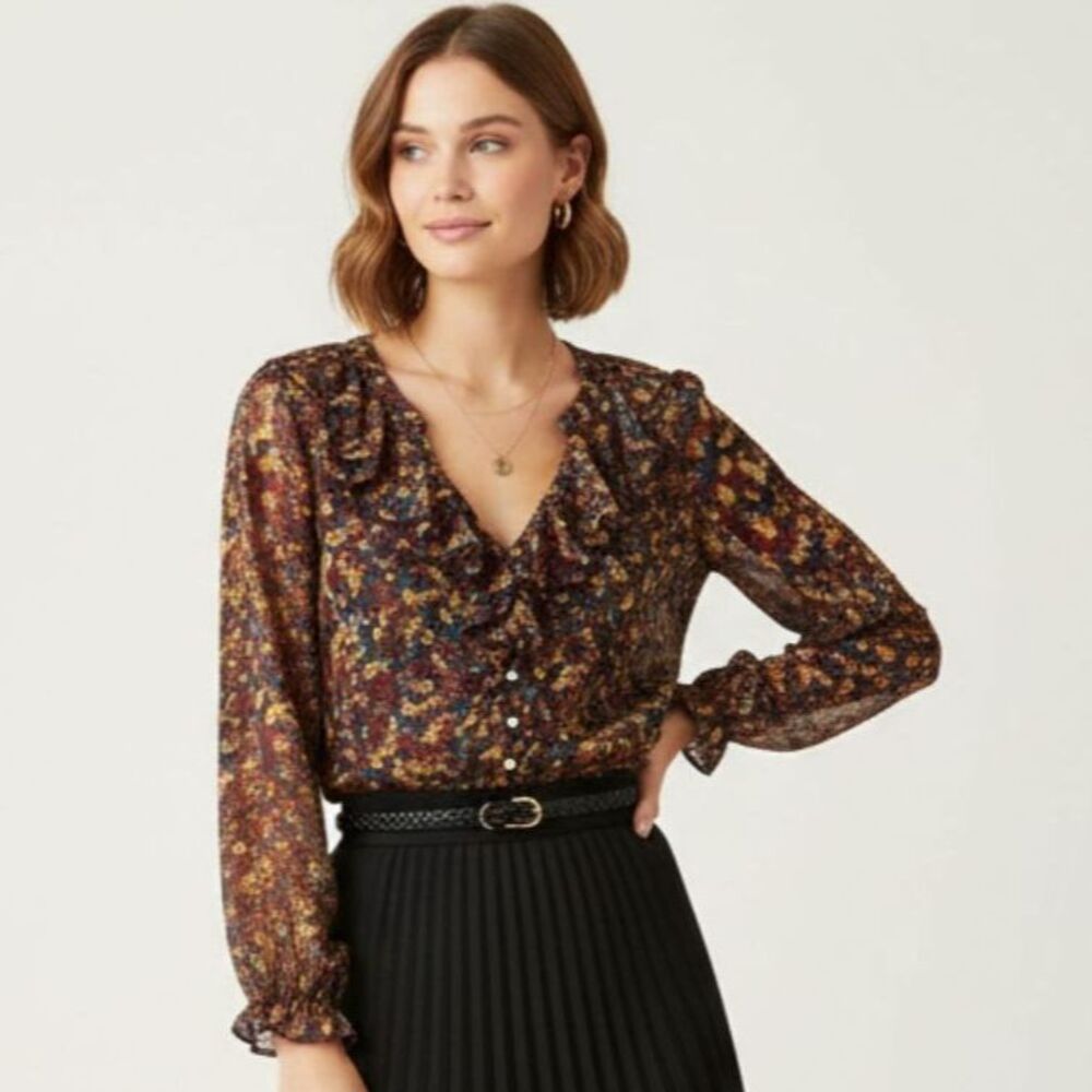 Frye Blouse Women's Size M Burgundy Floral Long Sleeve V-Neck Ruffle Sheer